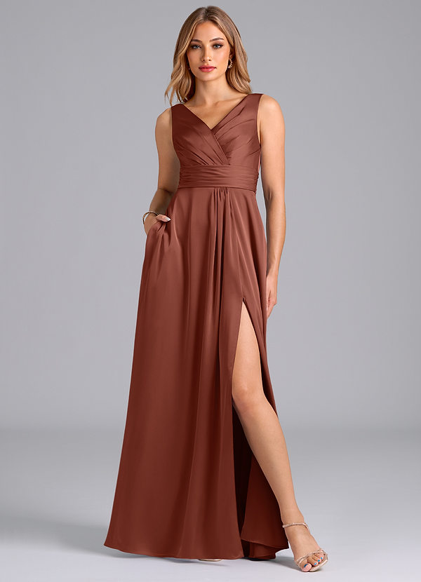 Azazie Karina Robes Demoiselle d'honneur Robe Trapèze en Satin extensible Plissée Auburn image1