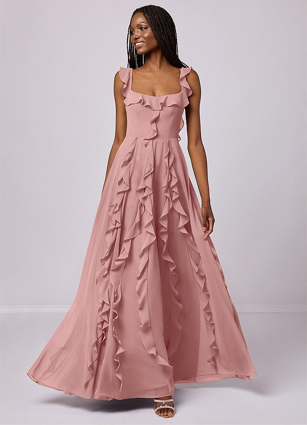 Barbie ♥ Azazie Robes Demoiselle d'honneur Robe Trapèze en Mousseline de soie avec poches Rose Poussiéreuse image1