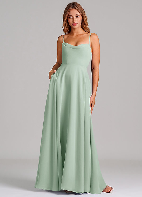 Azazie Elle Robes Demoiselle d'honneur Robe Trapèze en Mousseline de soie Plissée Agave image1