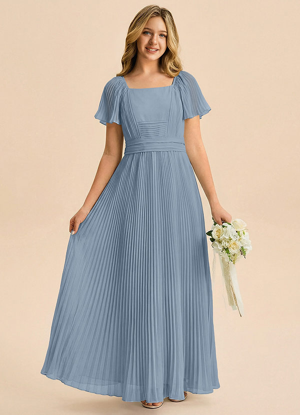 Azazie Lyra Junior Jurk van Chiffon met A-Lijn Geplooid Stoffig Blauw image1