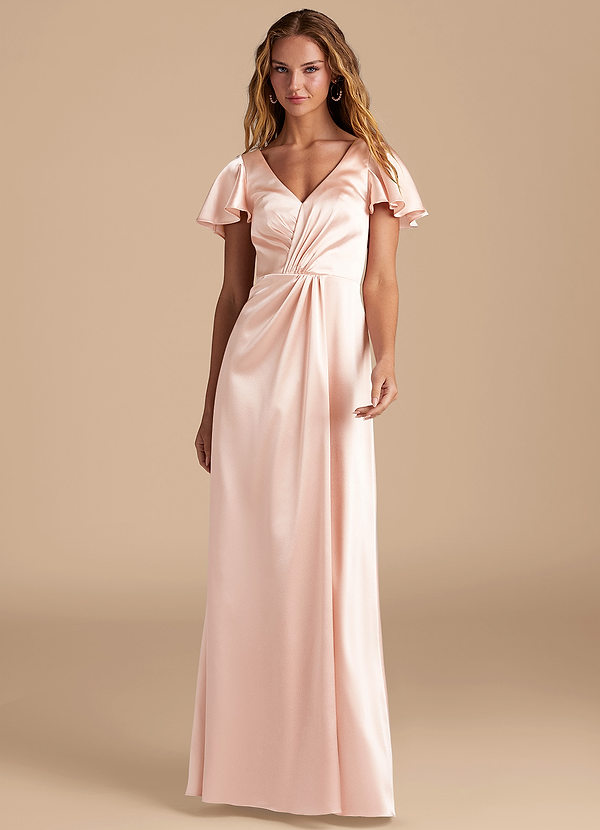 Azazie Soren Bridesmaid Dresses Rose Gold A-Line Pleated Metallic Satin Dress image1