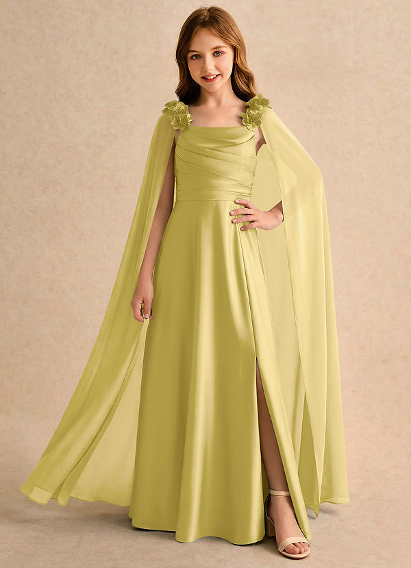 Azazie Rosita Girls Formal Flower Girl Dresses Canary A-Line Pleated Stretch Satin Dress image1