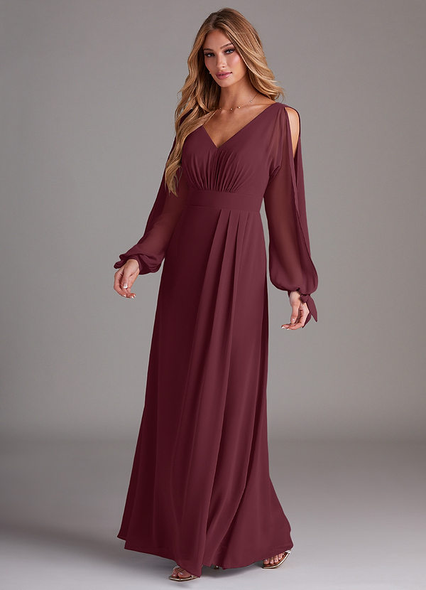 Azazie Matilda Bridesmaid Dresses Cabernet A-Line Long Sleeve Chiffon Dress image1