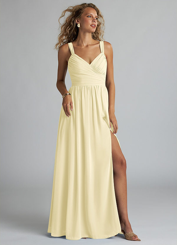 Azazie Aziza Bridesmaid Dresses Lemon Sorbet A-Line V-Neck Pleated Chiffon Dress image1