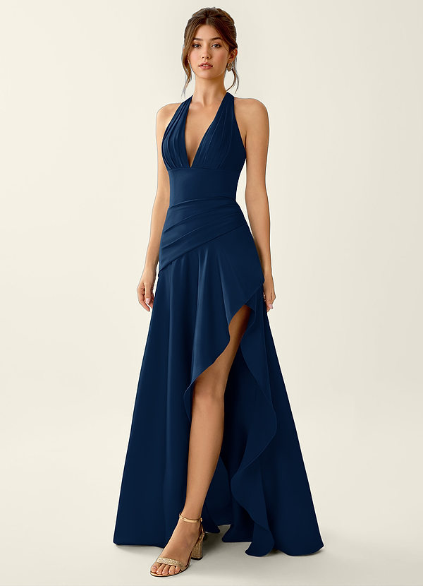 Titania Marine Satijnen galajurk met V-hals en ruches image1