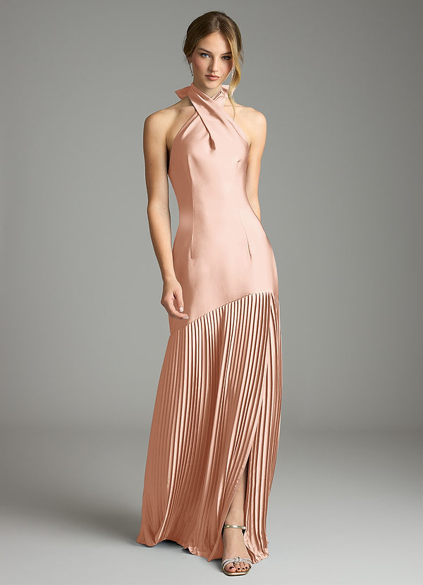 Azazie Nayeli Bruidsmeisjes Jurken Jurk van Stretch Satijn met A-Lijn Geplooid Rosé Goud image1