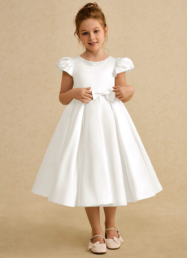 Azazie Pearl Flower Girl Dresses Ivory Ball-Gown Pleated Matte Satin Dress image1