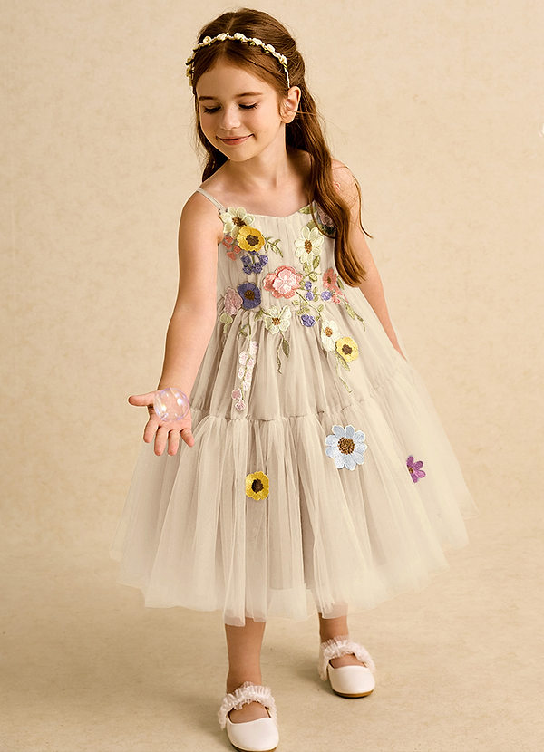 Azazie Osea Flower Girl Dresses Champagne Ball-Gown Pleated Tulle Dress image1