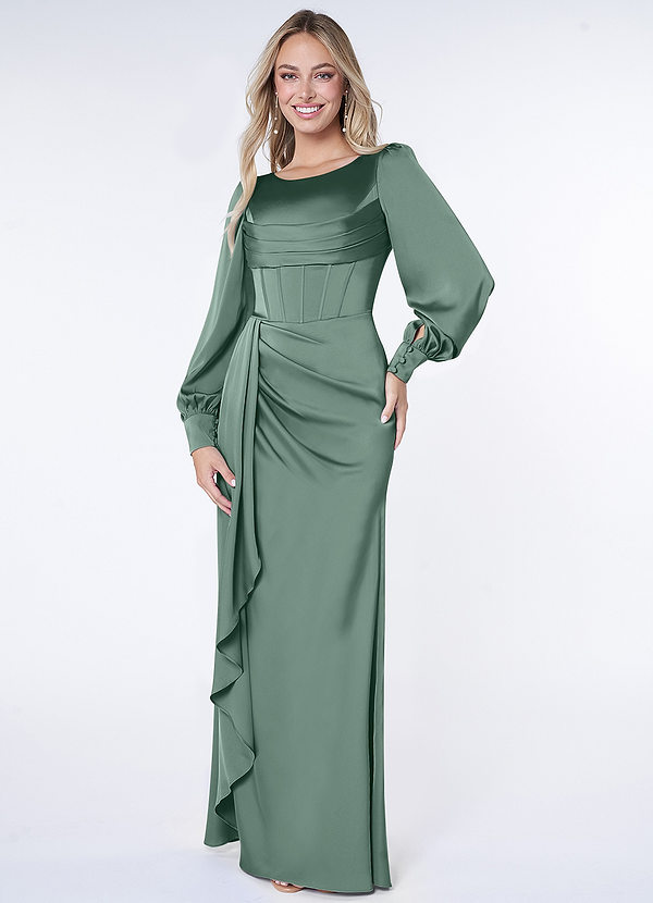 Azazie Raye Bridesmaid Dresses Eucalyptus Mermaid Long Sleeve Stretch Satin Dress image1