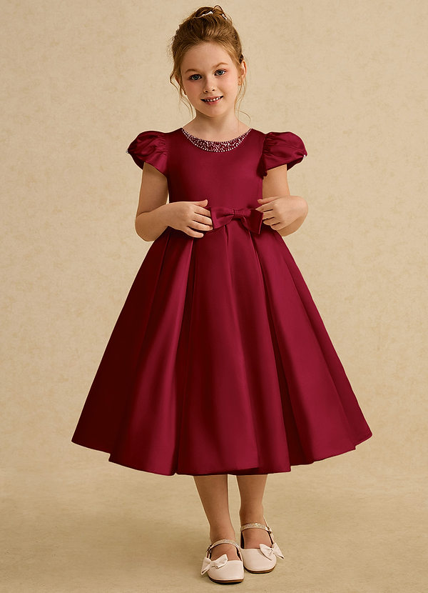 Azazie Pearl Flower Girl Dresses Burgundy Ball-Gown Pleated Matte Satin Dress image1