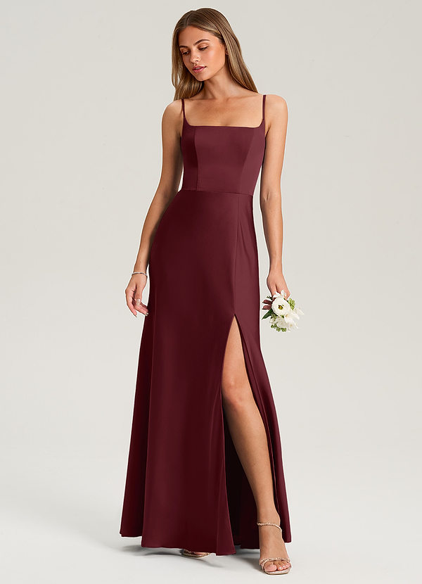 Azazie Lidia Bridesmaid Dresses Cabernet Mermaid Side Slit Stretch Satin Dress image1