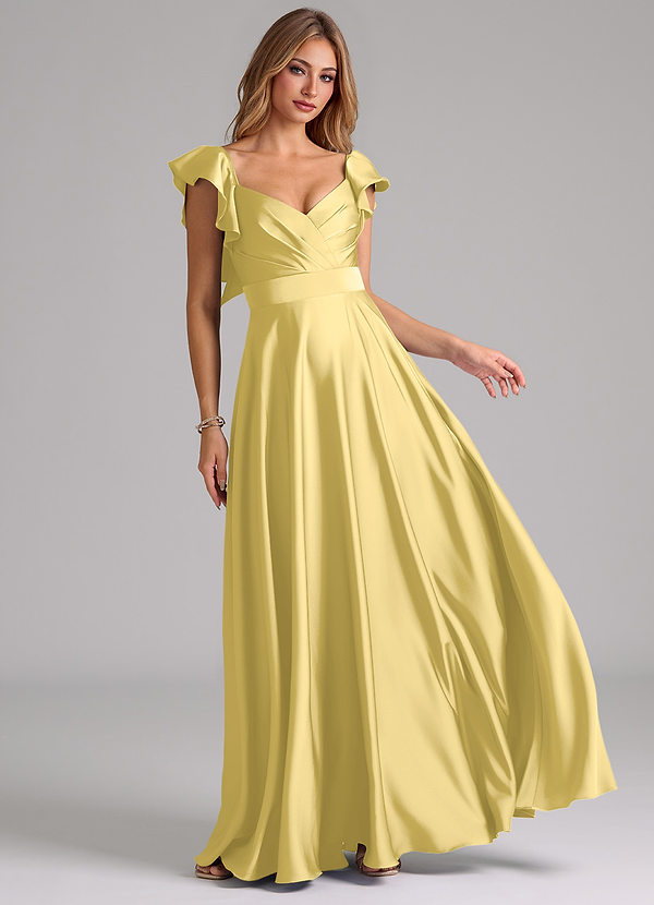 Azazie Leilani Bridesmaid Dresses Canary A-Line Ruched Stretch Satin Dress image1