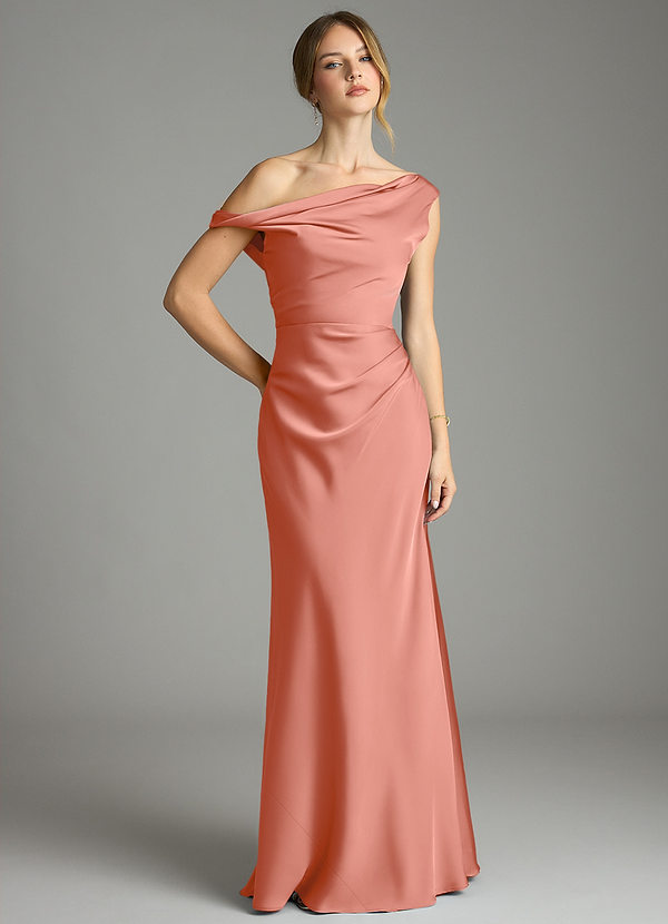 Azazie Emerson Vestidos Dama de Honor Vestido de Rosa Salmón de Satén Elástico de Corte Sirena con Vestidos sin tirantes image1