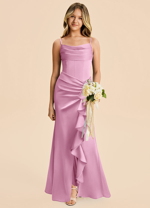 Azazie Rosalia Junior Candy Pink Sheath Pleated Stretch Satin Dress image1