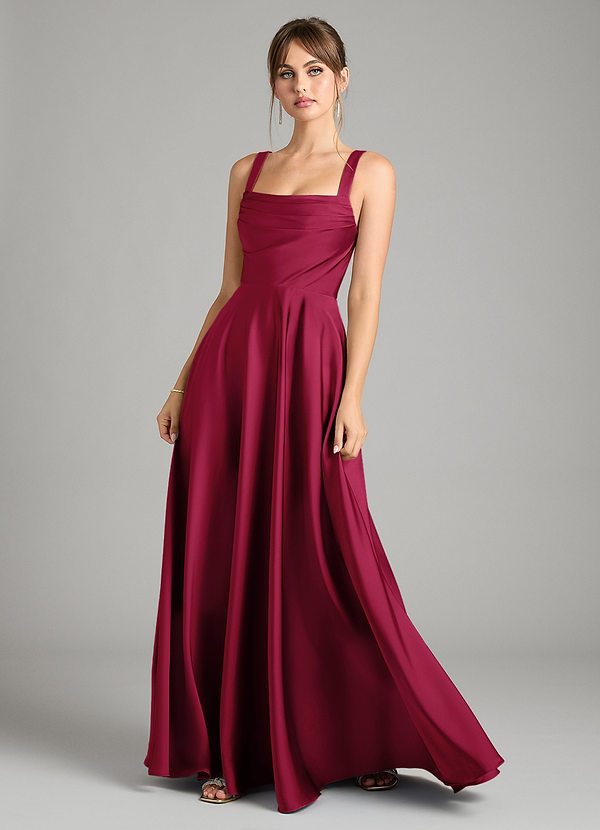 Azazie Shaude Bridesmaid Dresses Burgundy A-Line Pleated Stretch Satin Dress image1