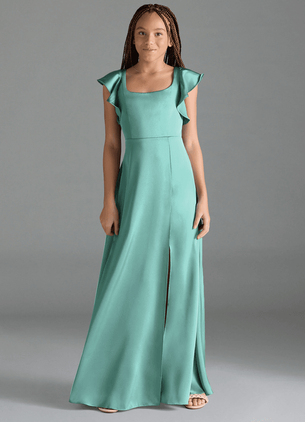 Azazie Bondi Junior Vestido de Aqua de Satén Elástico de Corte En A con Corte Lateral image1