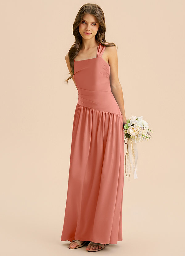 Azazie Dotty Junior Salmon Pink A-Line Pleated Stretch Satin Dress image1