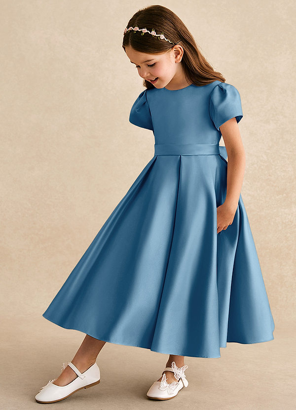 Azazie Princess Flower Girl Dresses Vestir Aço Azul de Cetim fosco de Linha A com Plissado image1