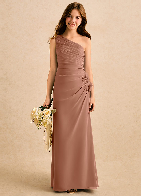 Azazie Sophie Girls Formal Robes de Fillette d'Honneur Robe Fourreau en Mousseline de soie Une épaule Bronze image1