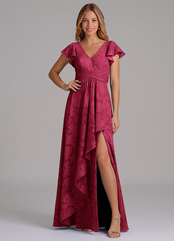 Azazie Omari 신부 들러리 드레스 A라인 주름진 플로럴 번아웃 바닥 길이 드레스 image1