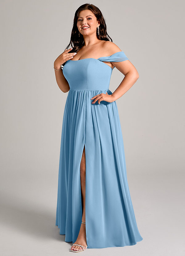 Azazie Calianna Brautjungfernkleider Wandelbar A-Linie Schulterfrei Chiffon Kleid Stahlblau image1