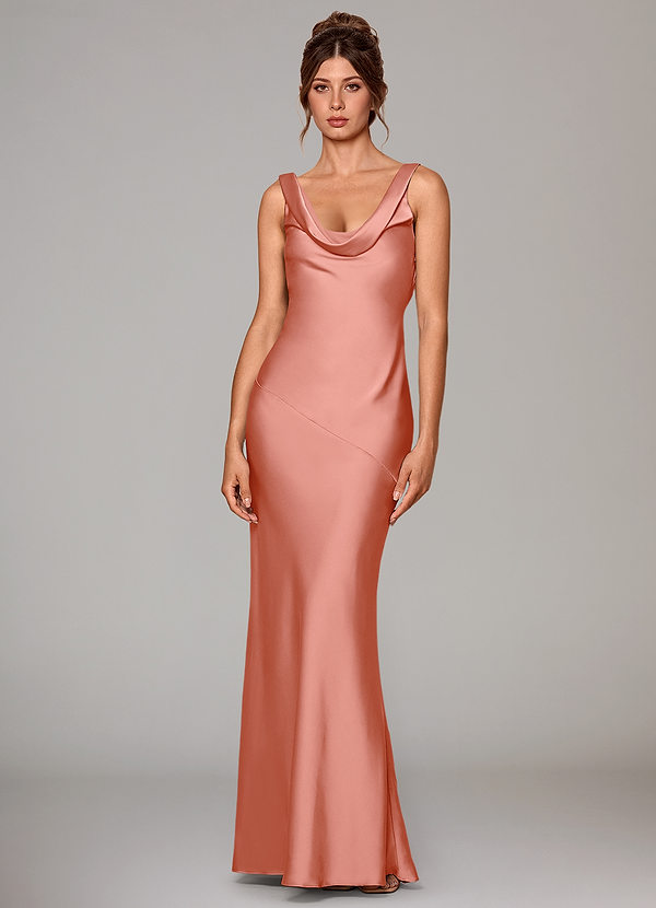 Azazie Rylina Bridesmaid Dresses Coral Mermaid Stretch Satin Dress image1