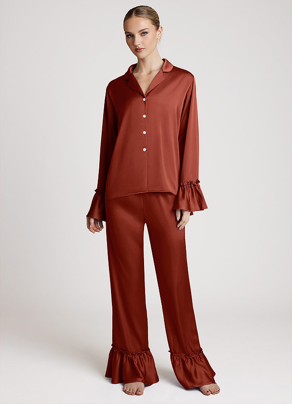 front Terracotta Lightweight Satin Ruffle Pajama Set
