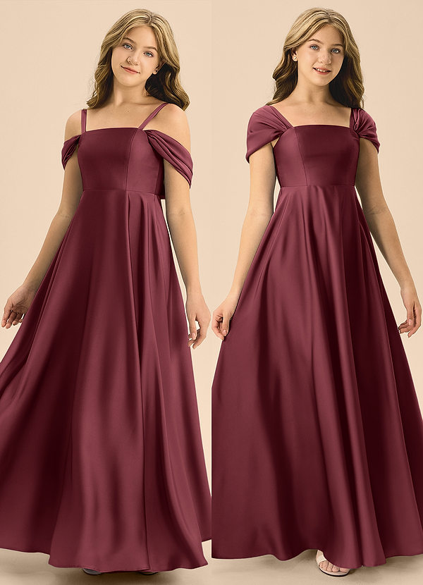 Azazie Rowena Junior Vestido de Merlot de Satén Elástico de Corte en A con Lazo image1