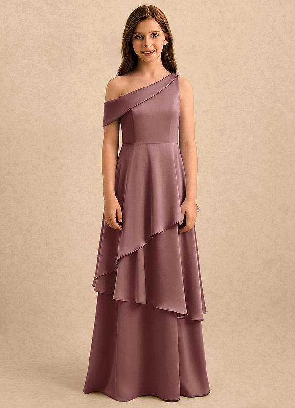 Azazie Shyloh Girls Formal Flower Girl Dresses Vintage Mauve A-Line Off the Shoulder Stretch Satin Dress image1