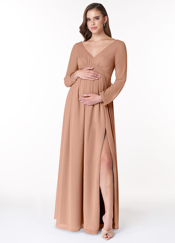 Azazie Teton Maternity Bridesmaid Dresses A-Line Long Sleeve Chiffon Floor-Length Dress image1