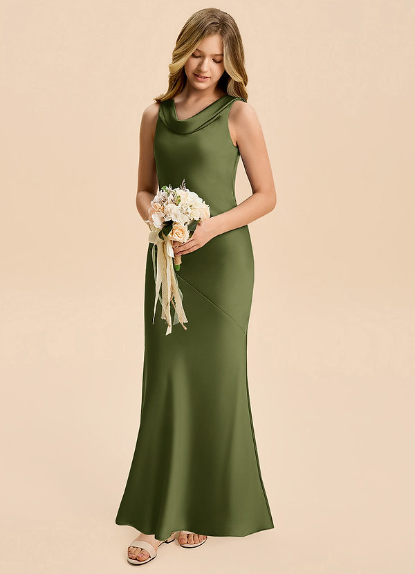 Azazie Rylina Junior Olive Mermaid Stretch Satin Dress image1