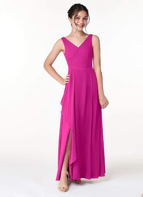 Azazie Kori Junior Fuchsia A-Line Ruched Chiffon Dress image1