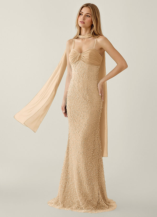 Jasminiah Champagne Pearl-Embellished Lace/Chiffon Prom Dress image1