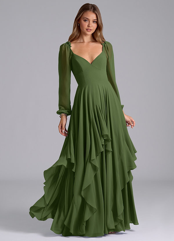 Azazie Karan Bridesmaid Dresses Olive A-Line Long Sleeve Chiffon Dress image1