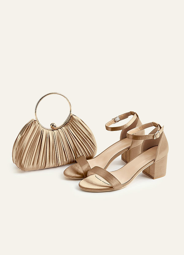 front Matching Color Metallic Satin Block Low Heel Sandals & Pleated Handbag Set