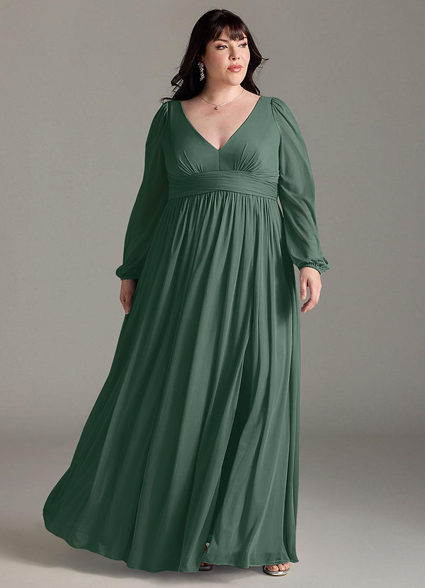 Azazie Norah Bridesmaid Dresses Sea Moss A-Line V-Neck Long Sleeve Chiffon Dress image1