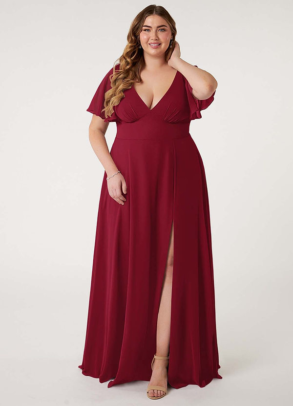Azazie Kimber Bridesmaid Dresses Burgundy A-Line Flounce Sleeve Chiffon Dress image1