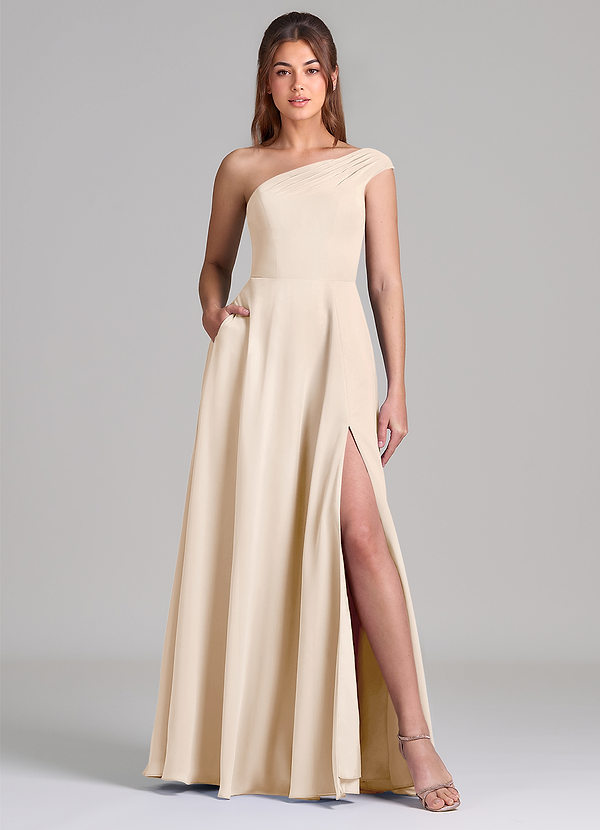 Azazie Melanie 신부 들러리 드레스 A라인 오프 더 숄더 쉬폰 바닥 길이 드레스 image1