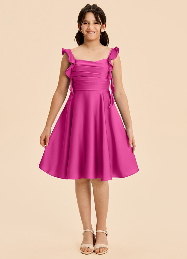 Azazie Kira Junior Vestido de Fucsia de Satén Elástico de Corte en A con Volante image1