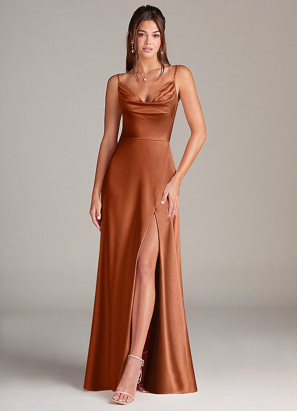 Azazie Sarella Brautjungfernkleider A-Linie Plissee Stretch-Satin Kleid Kupfer image1