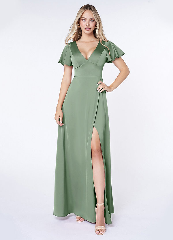 Azazie Lani Robes Demoiselle d'honneur Robe Trapèze en Satin extensible Manche à volants Matcha image1