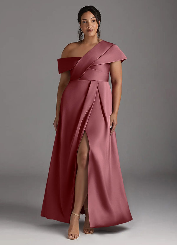 Azazie Milton Vestidos de Madre de la Novia Vestido de Rosa Del Desierto de Satén Elástico de Corte En A con Plisado image1