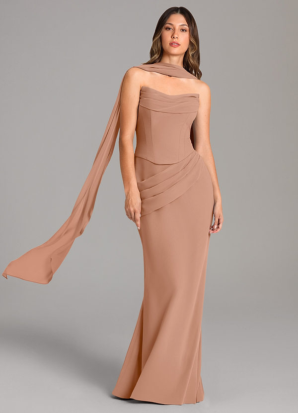 Azazie Sorrel Vestidos Dama de Honor Vestido de Champán Rosado de Gasa de Corte Sirena con Corsé image1