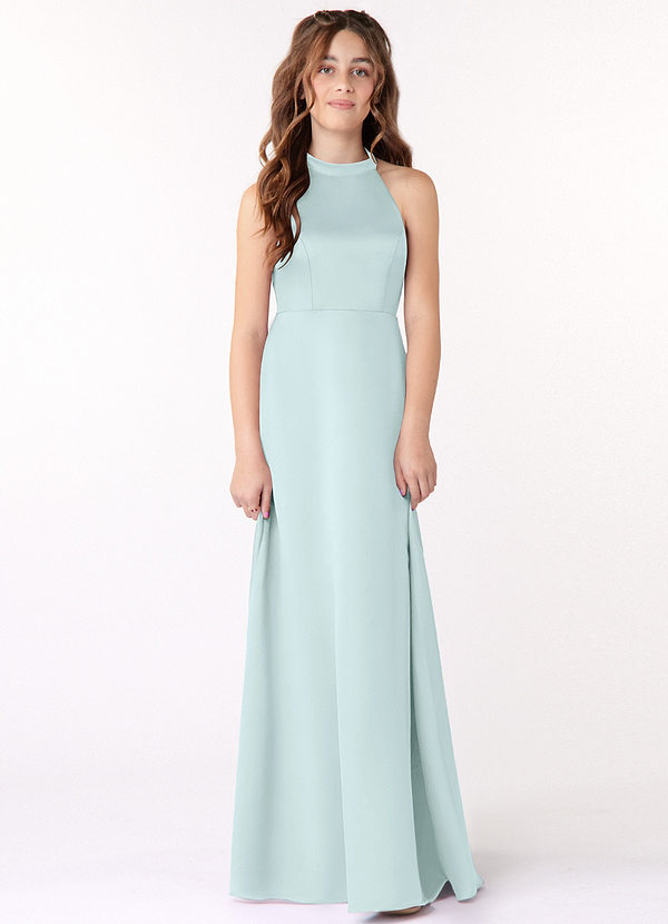 Azazie Laurel Junior Sea Glass A-Line Stretch Satin Dress image1