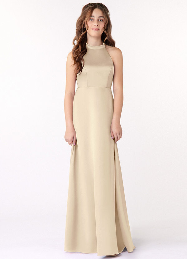 Azazie Laurel Junior Champagne A-Line Matte Satin Dress image1