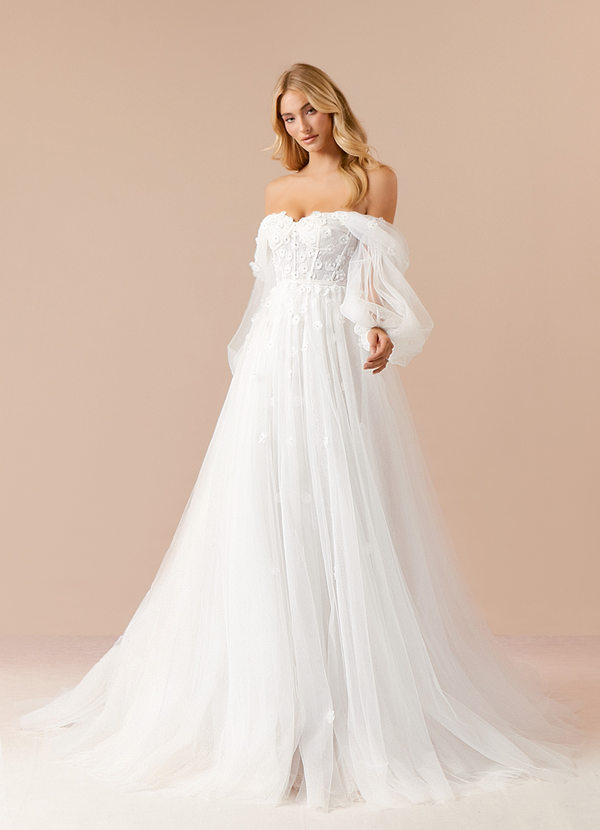 Azazie Airellie Wedding Dresses Diamond White A-Line Off the Shoulder Tulle Dress image1