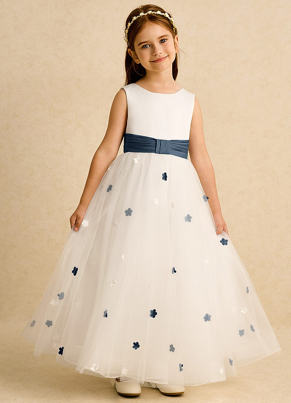 Azazie Cricket Vestidos de Niña de Flores Vestido de Marfil Azul Petróleo de Satin Mate de Corte Princesa con Plisado image1
