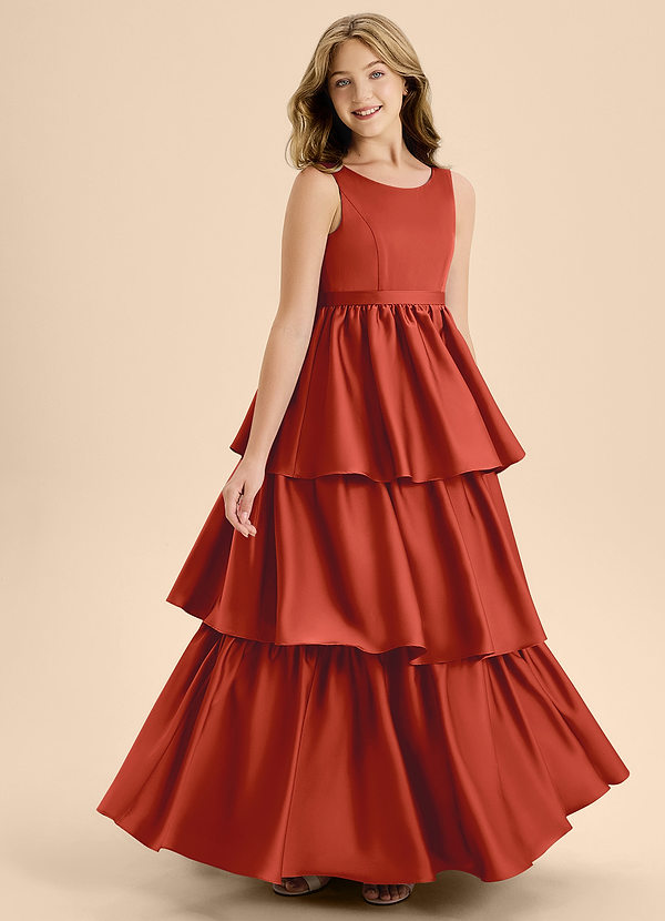 Azazie Meadowyn Junior Vestido de Óxido de Satén Elástico de Corte En A con Lazo image1