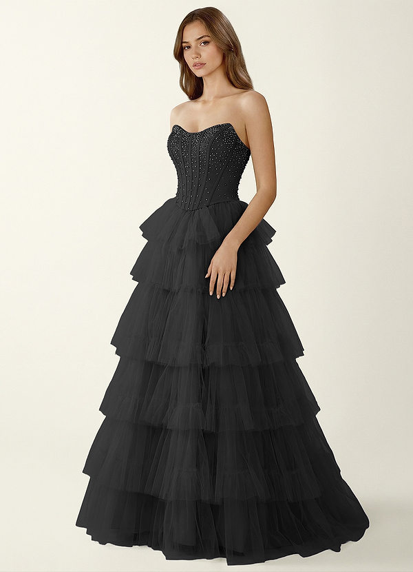 Nerida Negro Vestido de fiesta de dos piezas con corsé y detalles de pedrería, corte en A. image1