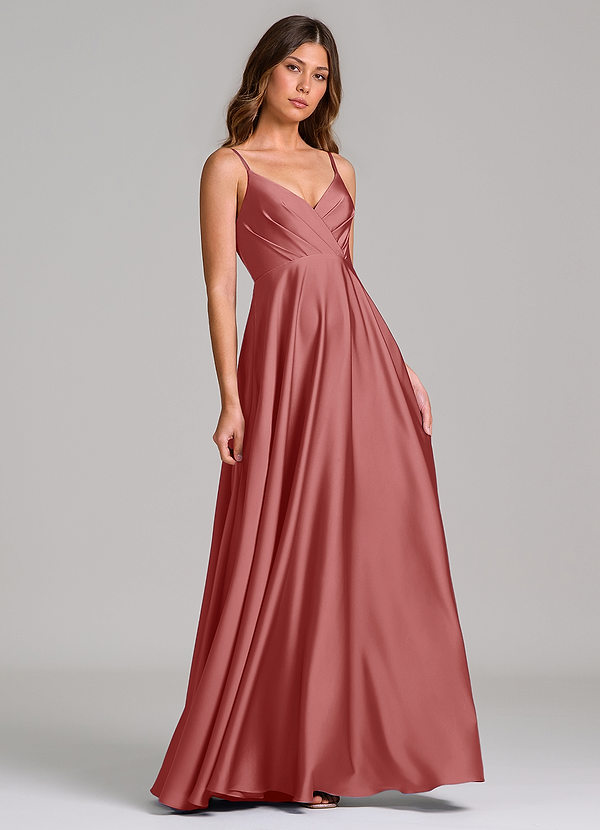 Azazie Amani Bridesmaid Dresses Antique Rose A-Line Pleated Stretch Satin Dress image1